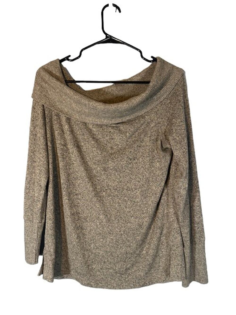 Sinuous Beige Cowl Wide Neck Long Sleeve Split Sides Knit Sweater Women Sz S